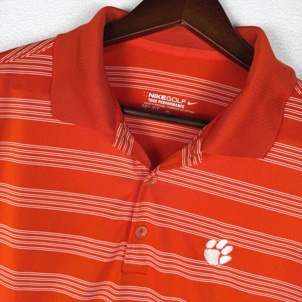 Clemson Tigers Nike Golf Polo Shirt Mens M Orange Dri-Fit Striped Embroidered